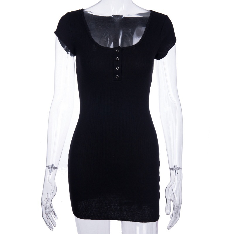 Button solid color package hip one-step dress sexy women's short sleeve dress #95128