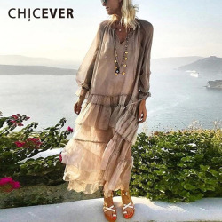 CHICEVER Spring Patchwork Ruffles Women's Dresses V Neck Petal Sleeve Loose Perspective Holiday Dress Fashion Clothes Tide