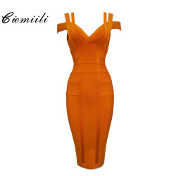 CIEMIILI 2019 Spaghetti Strap Solid Women Bandage Dresses Hollow Out Sleeveless Mid-Calf V-Neck Night Club Fashion Women Dresses