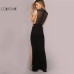 COLROVIE Black Mesh Back Maxi Party Dress Sexy Double Slit Club Women Bodycon Summer Dresses Girl High Neck Slim Long Dress