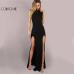 COLROVIE Black Mesh Back Maxi Party Dress Sexy Double Slit Club Women Bodycon Summer Dresses Girl High Neck Slim Long Dress