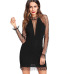 COLROVIE Black Pearl Beading Vine Mesh Panel Dress Women Ruffle Round Neck Long Sleeve Sexy Dress Party Bodycon Dress