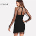 COLROVIE Black Pearl Beading Vine Mesh Panel Dress Women Ruffle Round Neck Long Sleeve Sexy Dress Party Bodycon Dress