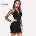 COLROVIE Black Pearl Beading Vine Mesh Panel Dress Women Ruffle Round Neck Long Sleeve Sexy Dress Party Bodycon Dress