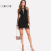 COLROVIE Black Pearl Beading Vine Mesh Panel Dress Women Ruffle Round Neck Long Sleeve Sexy Dress Party Bodycon Dress