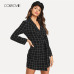 COLROVIE Black Plaid Shawl Collar Wrap Knot Workwear Autumn Shirt Dress Sexy Mini Dress 2019 Bodycon Vintage Women Dresses