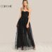 COLROVIE Black Sexy Bustier Party Dress Star Flock Cute Women Mesh Overlay Maxi Summer Dress Strapless Sheer Cut Out Dress