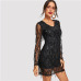 COLROVIE Black Sheer Mesh Fringe Overlay Sequin Party Dress Women Spring V Neck Tassel Bodycon Sexy Dress Night Out Mini Dresses