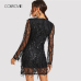 COLROVIE Black Sheer Mesh Fringe Overlay Sequin Party Dress Women Spring V Neck Tassel Bodycon Sexy Dress Night Out Mini Dresses