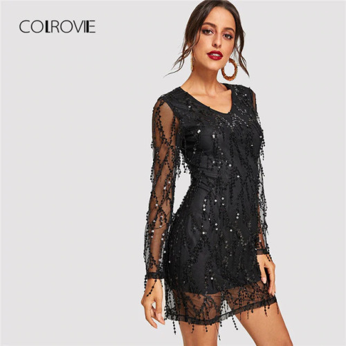 COLROVIE Black Sheer Mesh Fringe Overlay Sequin Party Dress Women Spring V Neck Tassel Bodycon Sexy Dress Night Out Mini Dresses