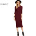 COLROVIE Burgundy Bodycon Dress Office Ladies Womens Dresses Autumn New Elegant Women's Dress Women 3/4 Sleeve Pencil Dress