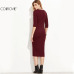 COLROVIE Burgundy Bodycon Dress Office Ladies Womens Dresses Autumn New Elegant Women's Dress Women 3/4 Sleeve Pencil Dress