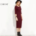 COLROVIE Burgundy Bodycon Dress Office Ladies Womens Dresses Autumn New Elegant Women's Dress Women 3/4 Sleeve Pencil Dress