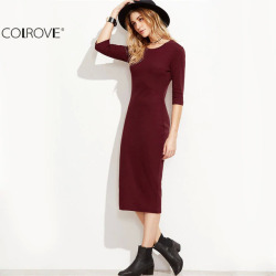 COLROVIE Burgundy Bodycon Dress Office Ladies Womens Dresses Autumn New Elegant Women's Dress Women 3/4 Sleeve Pencil Dress