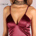 COLROVIE Burgundy Satin Party Club Dress Deep V Neck Women Summer Dresses Sexy Bodycon Strap Ruched Ladies Midi Slip Dress