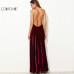 COLROVIE Burgundy Velvet Maxi Backless Dress Womens Autumn Party Dresses Deep V Neck Long Elegant Dress New Strappy Wrap Dress