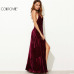 COLROVIE Burgundy Velvet Maxi Backless Dress Womens Autumn Party Dresses Deep V Neck Long Elegant Dress New Strappy Wrap Dress