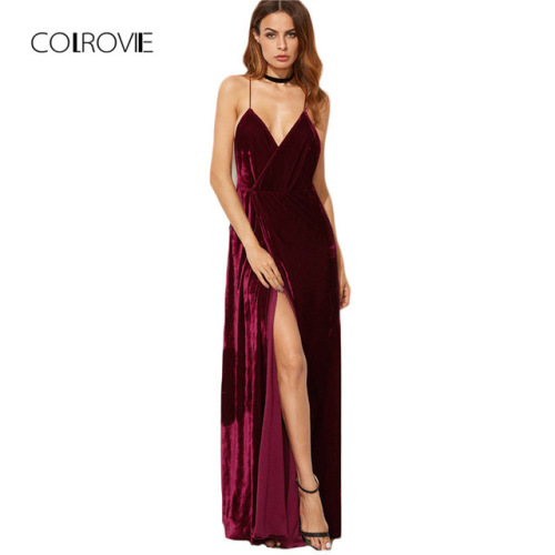 COLROVIE Burgundy Velvet Maxi Backless Dress Womens Autumn Party Dresses Deep V Neck Long Elegant Dress New Strappy Wrap Dress