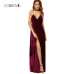 COLROVIE Burgundy Velvet Maxi Backless Dress Womens Autumn Party Dresses Deep V Neck Long Elegant Dress New Strappy Wrap Dress