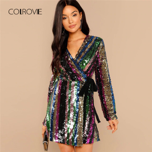 COLROVIE Color Block Wrap Sequin V Neck Sexy Dress Women Autumn Long Sleeve Club Party Dress Belted Night Out Mini Dresses