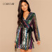 COLROVIE Color Block Wrap Sequin V Neck Sexy Dress Women Autumn Long Sleeve Club Party Dress Belted Night Out Mini Dresses