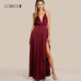 COLROVIE High Slit Wrap Satin Maxi Dress Plunge Neck Cross Back Women Sexy Draped Long Dresses Sleeveless A Line Slip Dress