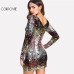 COLROVIE Iridescent Sequin Dress Round Neck Long Sleeve Sexy Party Dress With Zipper Women Clothing Sheath Autumn Short Dress