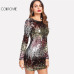 COLROVIE Iridescent Sequin Dress Round Neck Long Sleeve Sexy Party Dress With Zipper Women Clothing Sheath Autumn Short Dress