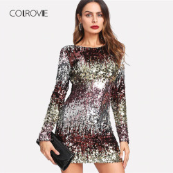 COLROVIE Iridescent Sequin Dress Round Neck Long Sleeve Sexy Party Dress With Zipper Women Clothing Sheath Autumn Short Dress