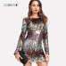 COLROVIE Iridescent Sequin Dress Round Neck Long Sleeve Sexy Party Dress With Zipper Women Clothing Sheath Autumn Short Dress