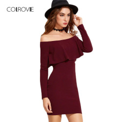 COLROVIE Long Sleeve Mini Dress Womens Autumn Winter Dresses Women Sexy Party Burgundy Off Shoulder Ruffle Bodycon Dress