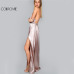 COLROVIE Maxi Party Dress Women Pink Plunge Neck Sexy Cross Back Wrap High Slit Summer Dresses Elegant Club Long Cami Dress