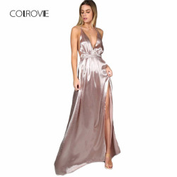 COLROVIE Maxi Party Dress Women Pink Plunge Neck Sexy Cross Back Wrap High Slit Summer Dresses Elegant Club Long Cami Dress