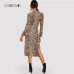 COLROVIE Mock Neck Snake Print Split Long Sleeve Sexy Dress Women Autumn Streetwear Party Dress Bodycon Casual Midi Dresses