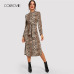 COLROVIE Mock Neck Snake Print Split Long Sleeve Sexy Dress Women Autumn Streetwear Party Dress Bodycon Casual Midi Dresses