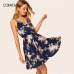 COLROVIE Navy Floral Print Random Surplice Women Dress 2018 Sleeveless Floral Summer Dress V Neck Vacation Pleated Mini Dress