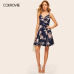 COLROVIE Navy Floral Print Random Surplice Women Dress 2018 Sleeveless Floral Summer Dress V Neck Vacation Pleated Mini Dress