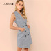 COLROVIE Plaid Work Wrap Button Pockets Vintage Dress V Neck Shirt Sexy Dress Women Autumn Elegant Mini Summer Dresses