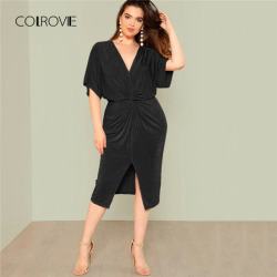 COLROVIE Plus Size Black Twist Front Slit Batwing Long Dress Women 2018 New Sexy Party Dress Vintage Elegant Summer Dresses