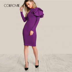 COLROVIE Purple One Side Tiered Ruffle Trim Party Dress 2018 Autumn Black Slim Elegant Bodycon Dress Long Sleeve Women Dresses