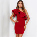 COLROVIE Red Ruffle Flounce One Shoulder Form Fitting Bodycon Summer Dress Slim Solid Women Dress Stretchy Party Dress