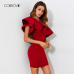 COLROVIE Red Ruffle Flounce One Shoulder Form Fitting Bodycon Summer Dress Slim Solid Women Dress Stretchy Party Dress