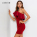 COLROVIE Red Ruffle Flounce One Shoulder Form Fitting Bodycon Summer Dress Slim Solid Women Dress Stretchy Party Dress