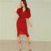 COLROVIE Red V Neck Twist Front Half Sleeve Split Sexy Bodycon Dress Autumn Solid Elegant Midi Party Dress Women Dresses