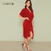 COLROVIE Red V Neck Twist Front Half Sleeve Split Sexy Bodycon Dress Autumn Solid Elegant Midi Party Dress Women Dresses