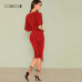 COLROVIE Red V Neck Twist Front Half Sleeve Split Sexy Bodycon Dress Autumn Solid Elegant Midi Party Dress Women Dresses