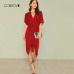 COLROVIE Red V Neck Twist Front Half Sleeve Split Sexy Bodycon Dress Autumn Solid Elegant Midi Party Dress Women Dresses