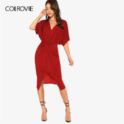 COLROVIE Red V Neck Twist Front Half Sleeve Split Sexy Bodycon Dress Autumn Solid Elegant Midi Party Dress Women Dresses