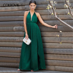 COLROVIE Sexy High Slit Satin Maxi Party Dress Women Plunge Neck Cross Back 2019 Green Sleeveless Wrap Cami Summer Dresses