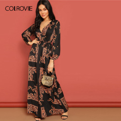 COLROVIE V Neck Scarf Print Belted Wrap Casual Dress Women 2019 Spring Long Sleeve Party Maxi Dress Vacation Ladies Dresses